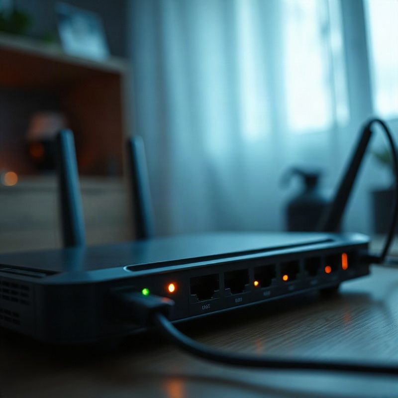 Router doméstico con luces indicadoras parpadeando en una habitación con luz tenue