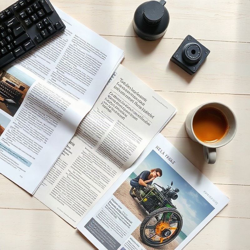 Artículos impresos, revista técnica y teclado sobre superficie de madera clara