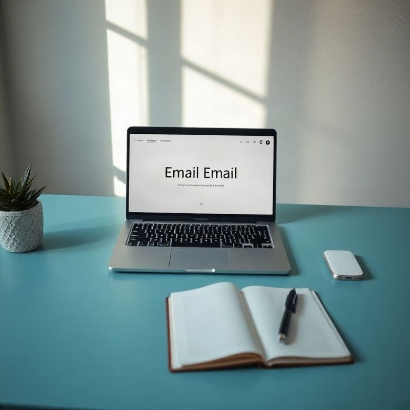 Escritorio minimalista con laptop abierta en cliente de correo y libreta de notas