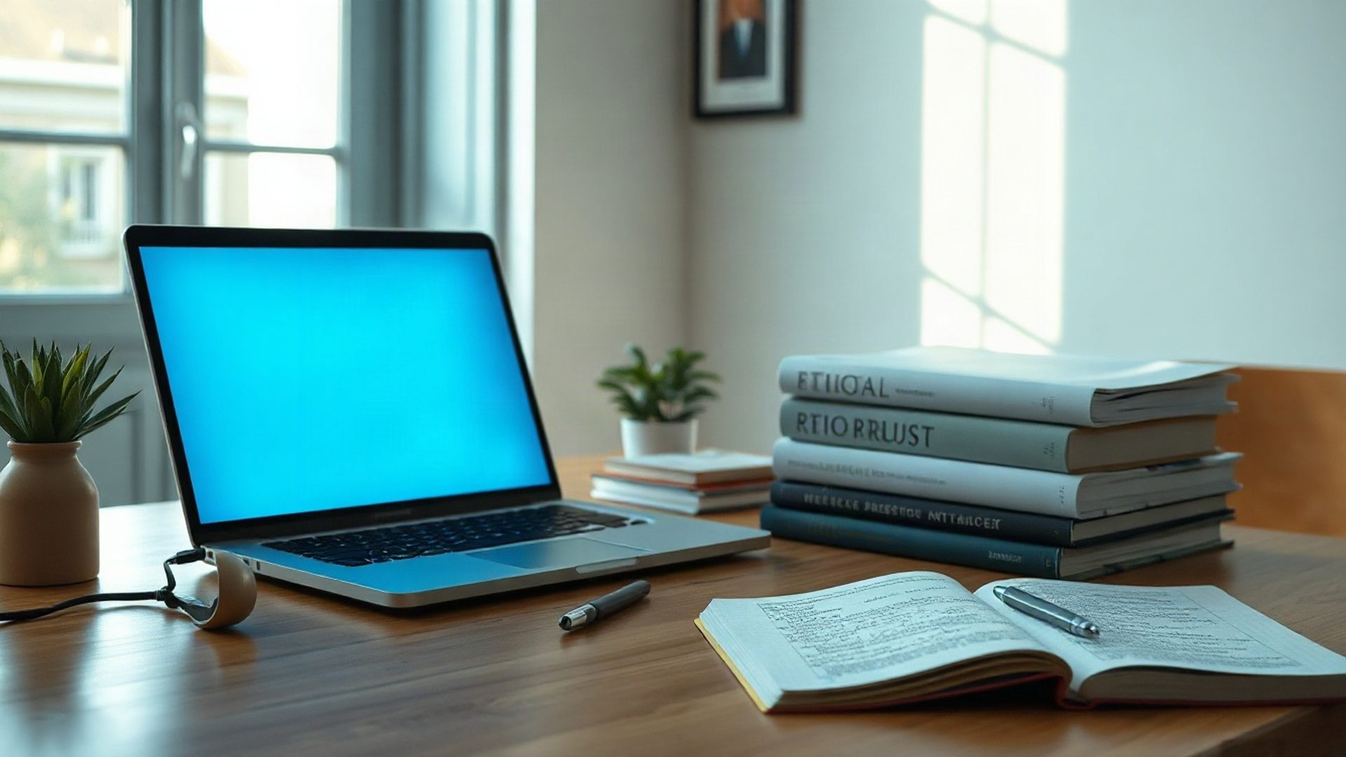 Escritorio editorial con laptop y libros técnicos bajo luz suave del sur
